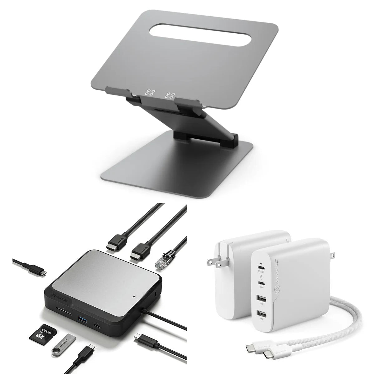 Elite Plus Adjustable Laptop Riser + Dual 4K Universal Docking Station – HDMI Edition + 4 Port 100W GaN Charger